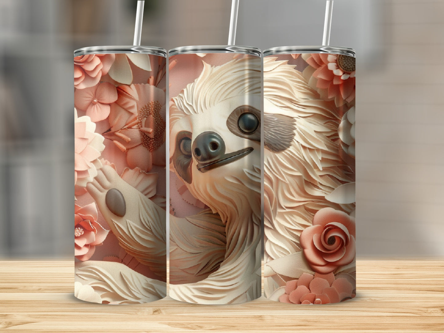 Sloth and floral design on three tumblers with straws.
