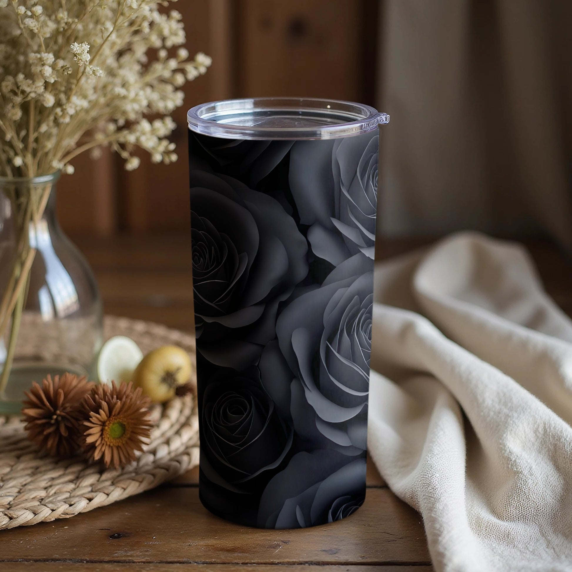 Elegant Black Rose Design Tumbler Perfect Gift Option