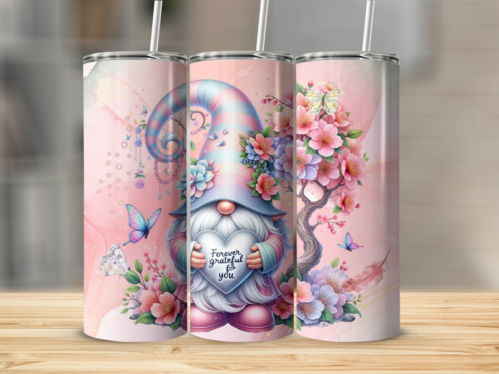 Forever Grateful Gnome and Floral Art Tumbler Cup