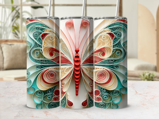 Three tumblers decorated with quilled paper butterfly designs.