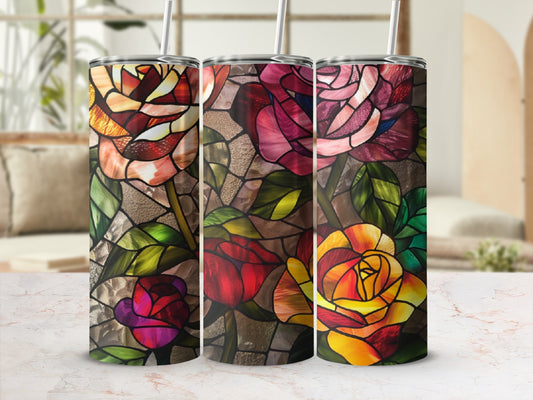 Three stained glass tumblers featuring colorful rose patterns.