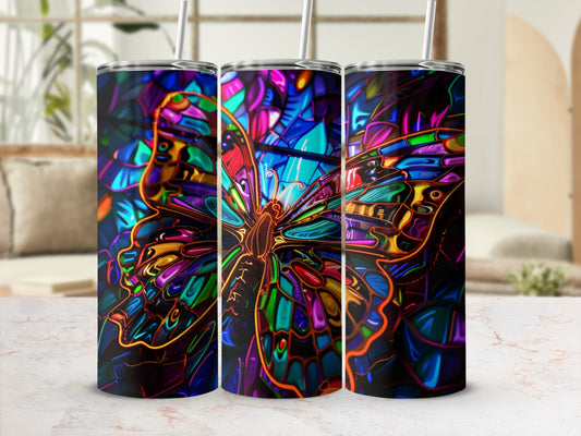 Three tumblers with a stained glass butterfly design.