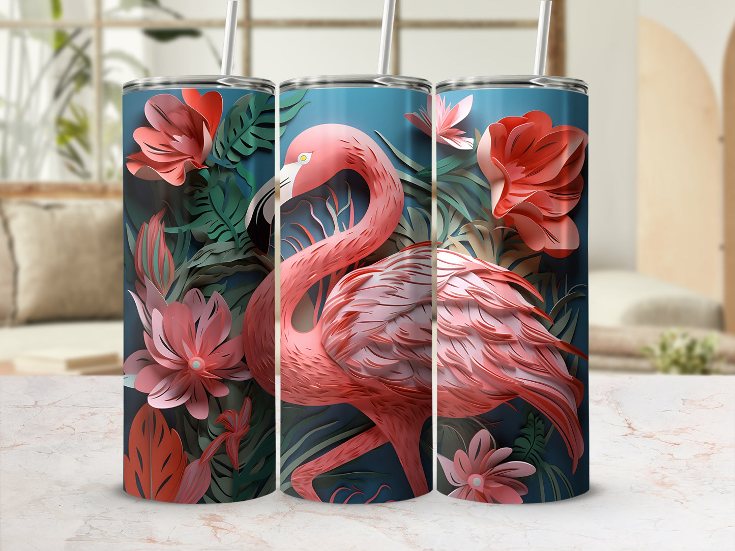 Pink flamingo with tropical flowers and leaves design on a skinny tumbler.