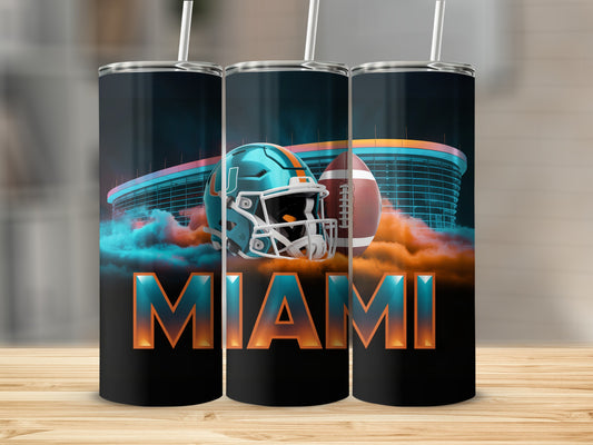 Miami Dolphins helmet, football, and stadium on a black tumbler.