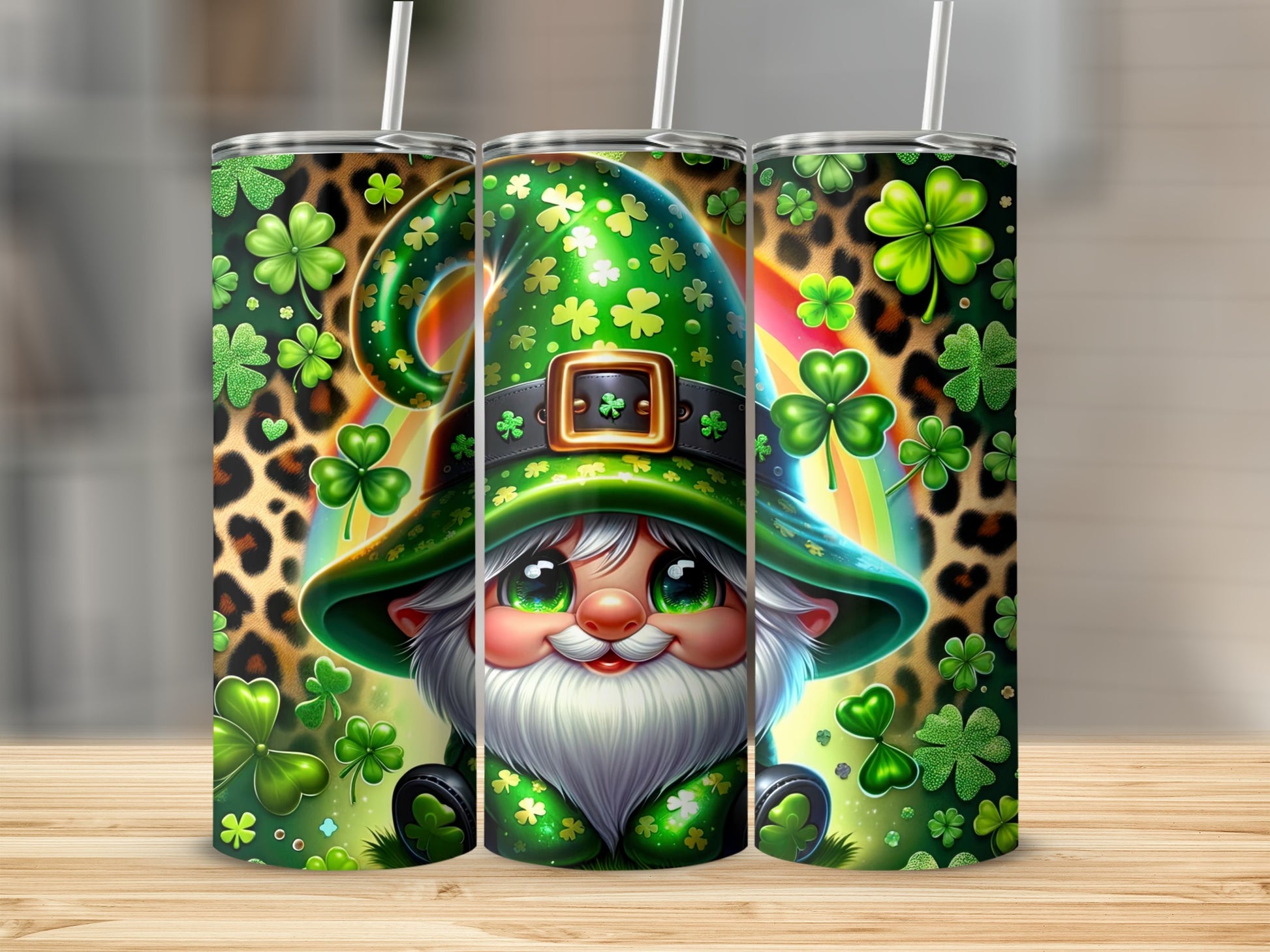 Green gnome with shamrocks and rainbow on a patterned tumbler.