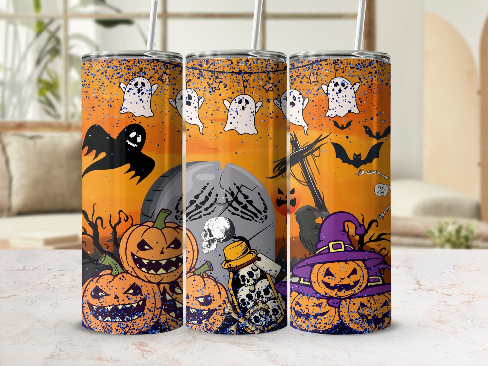 Spooky Halloween Themed Tumbler with Pumpkins and Ghosts