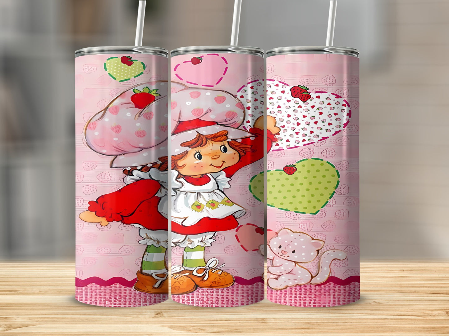 Strawberry Shortcake character on a pink tumbler with hearts and a cat.