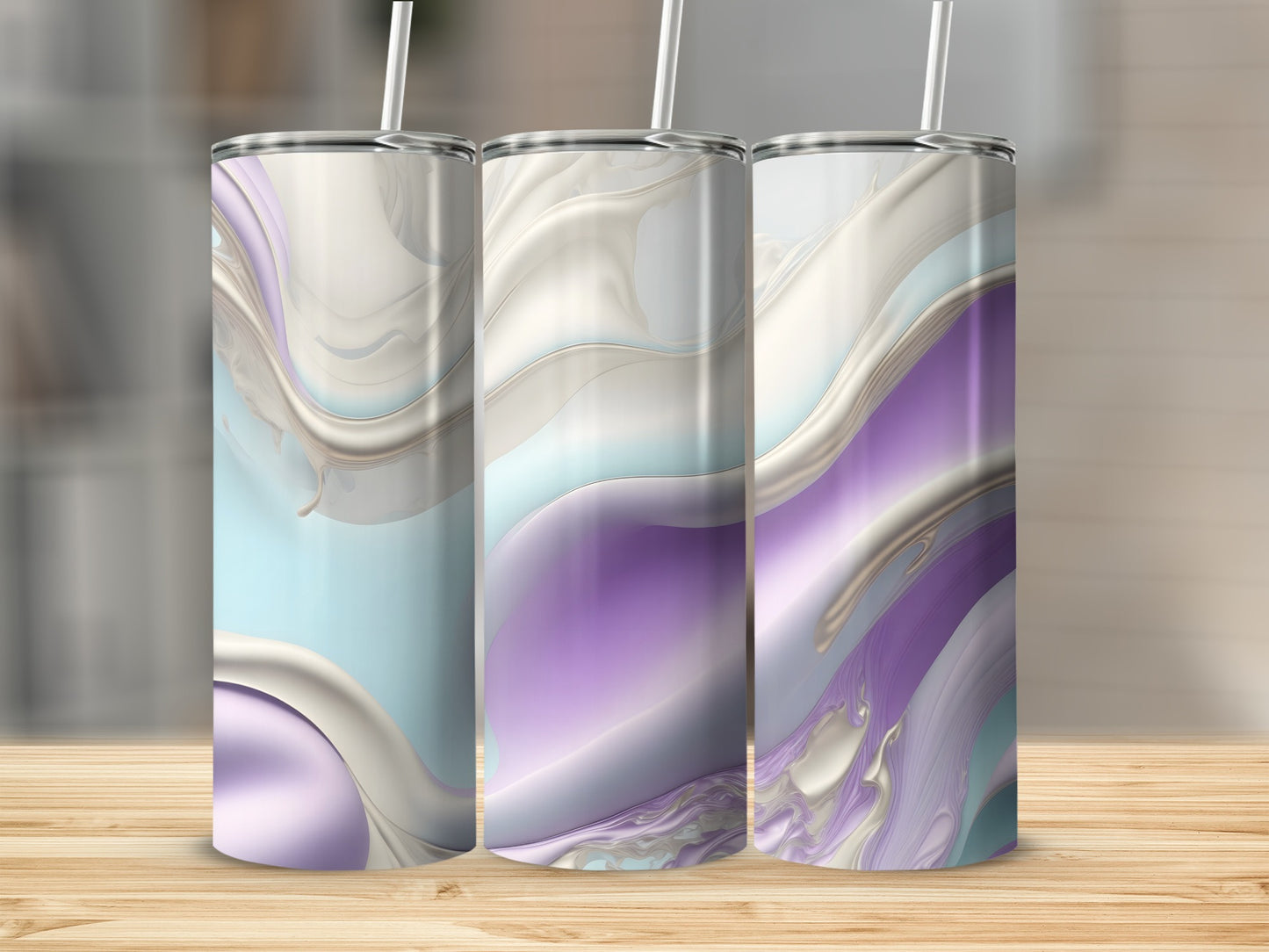 Three tall tumblers with abstract swirls of pastel blue, purple, and cream.