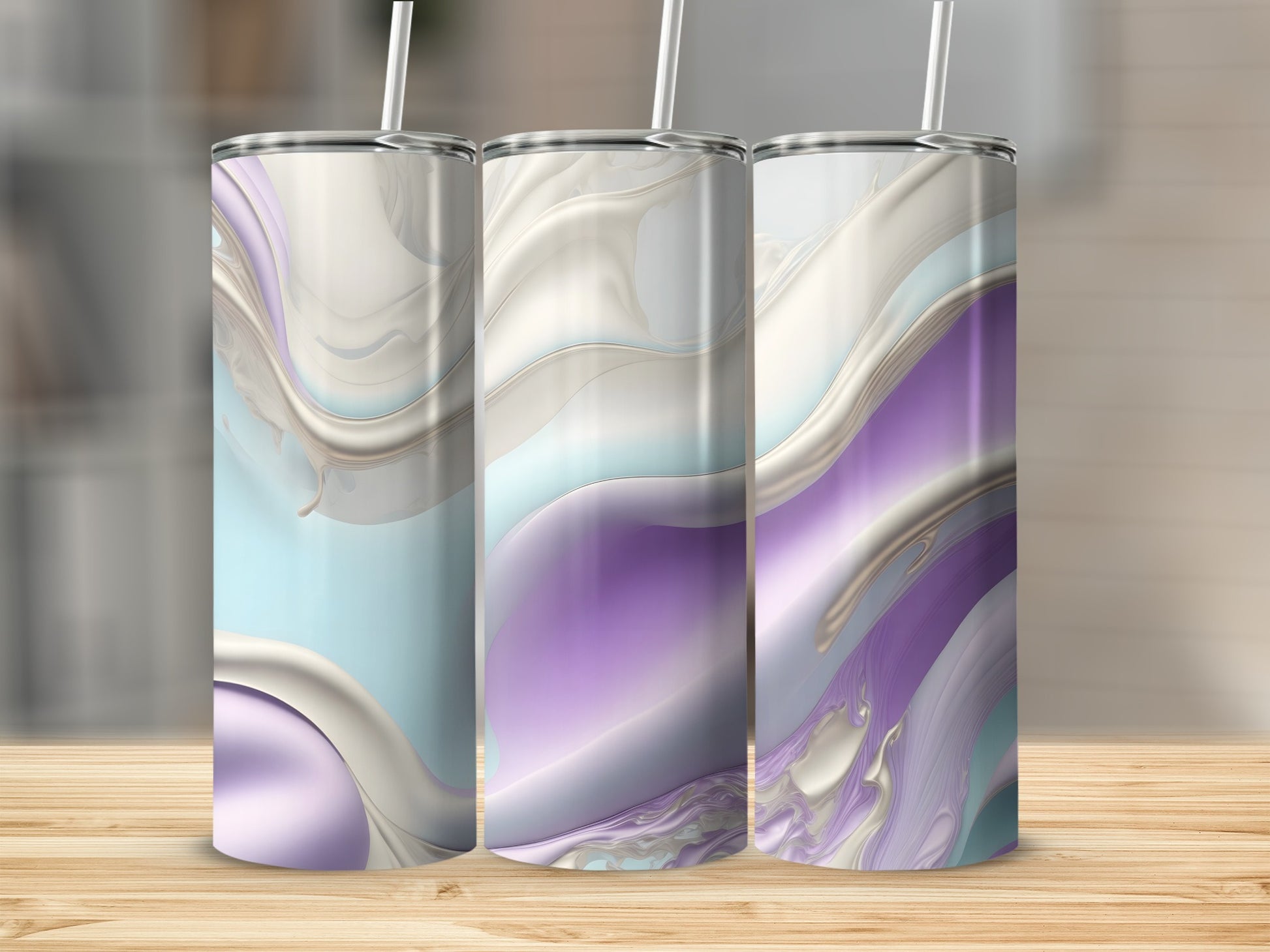 Three tall tumblers with abstract swirls of pastel blue, purple, and cream.