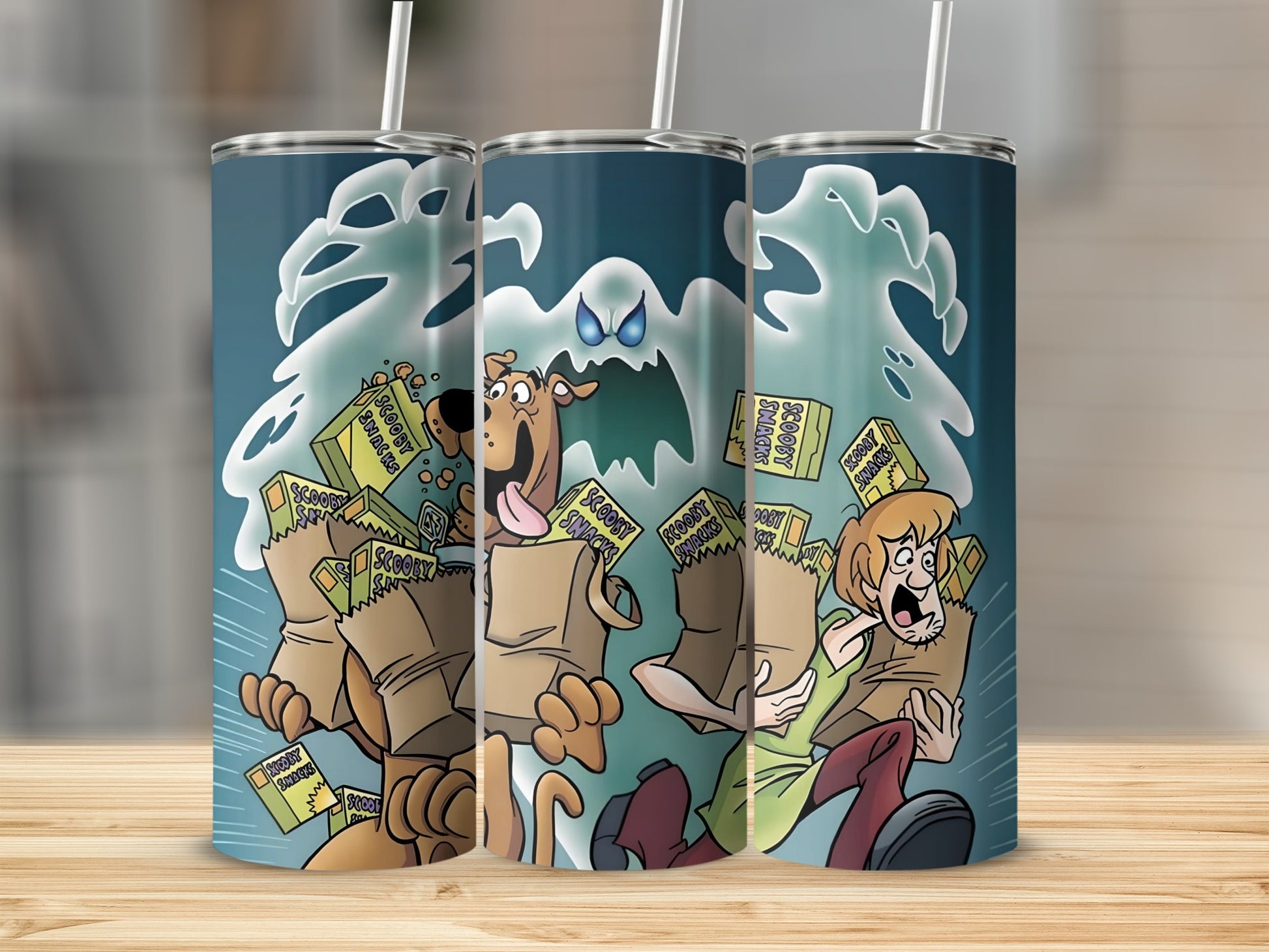 Scooby-Doo and Shaggy running with Scooby Snacks bags, ghost behind them.