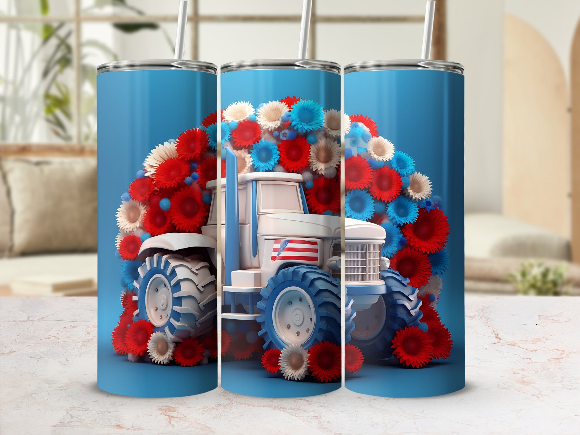 Tractor with patriotic flowers on blue background.