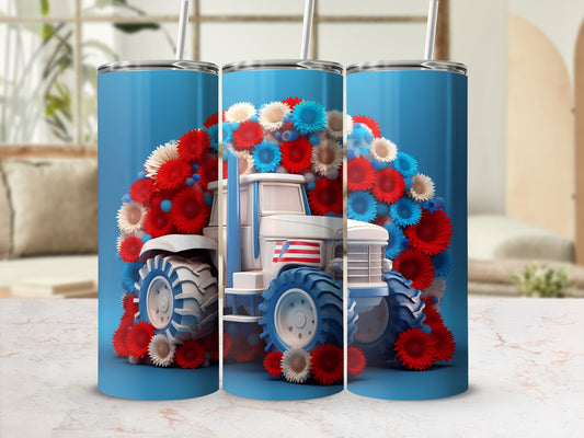 Tractor with patriotic flowers on blue background.
