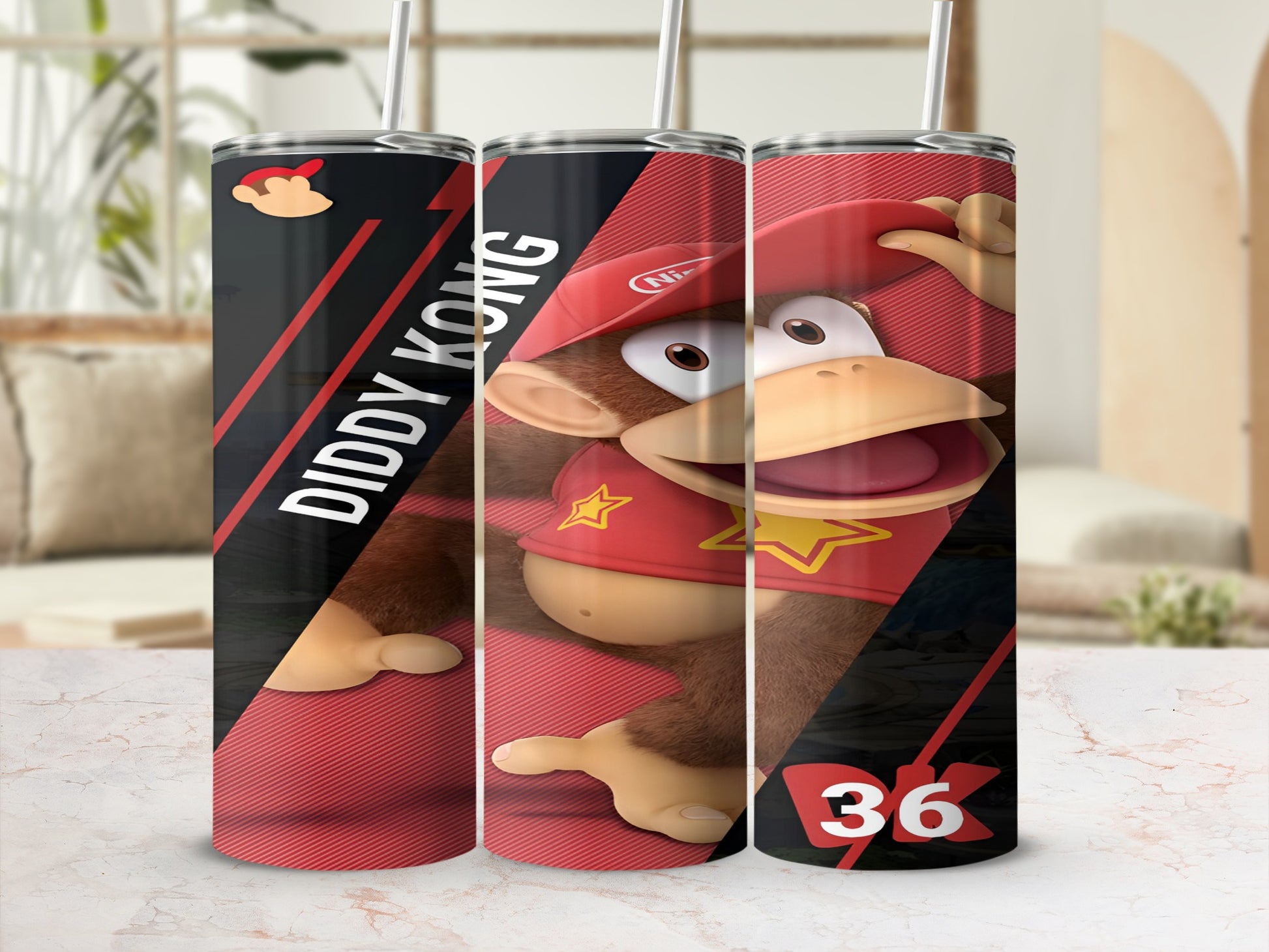 Diddy Kong red cap tumbler with "Diddy Kong" and "36" text.