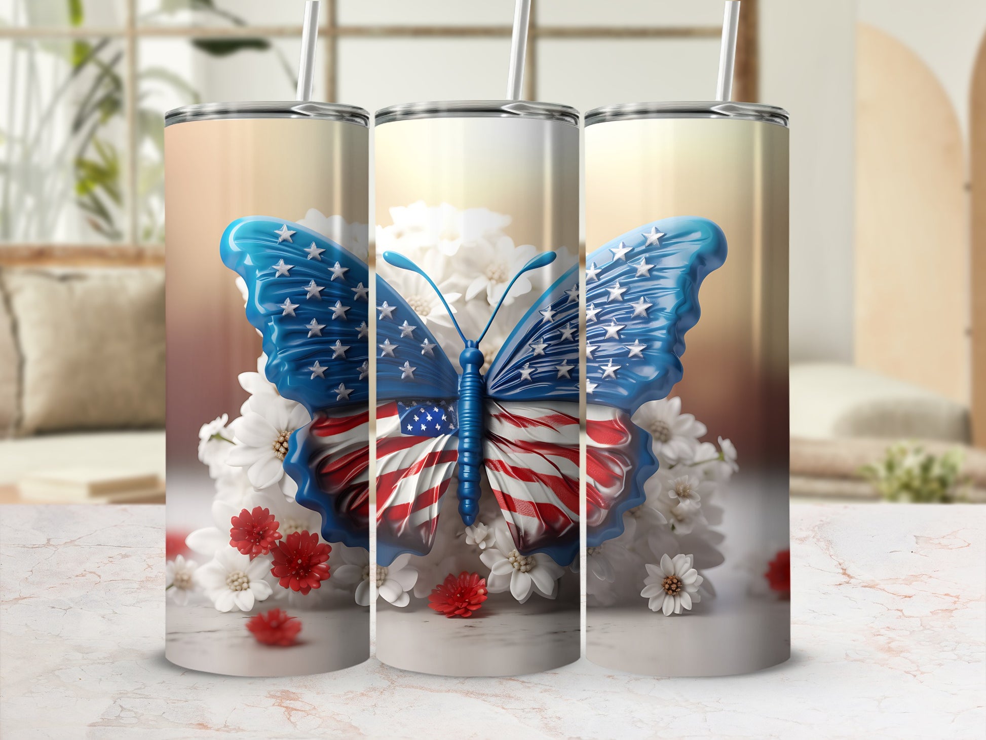 Butterfly tumbler with US flag wings surrounded by white flowers.