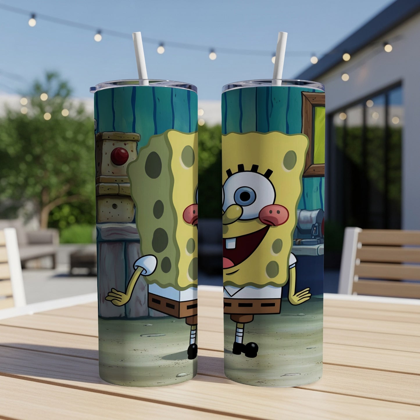 SpongeBob SquarePants character design on two stainless steel tumblers.