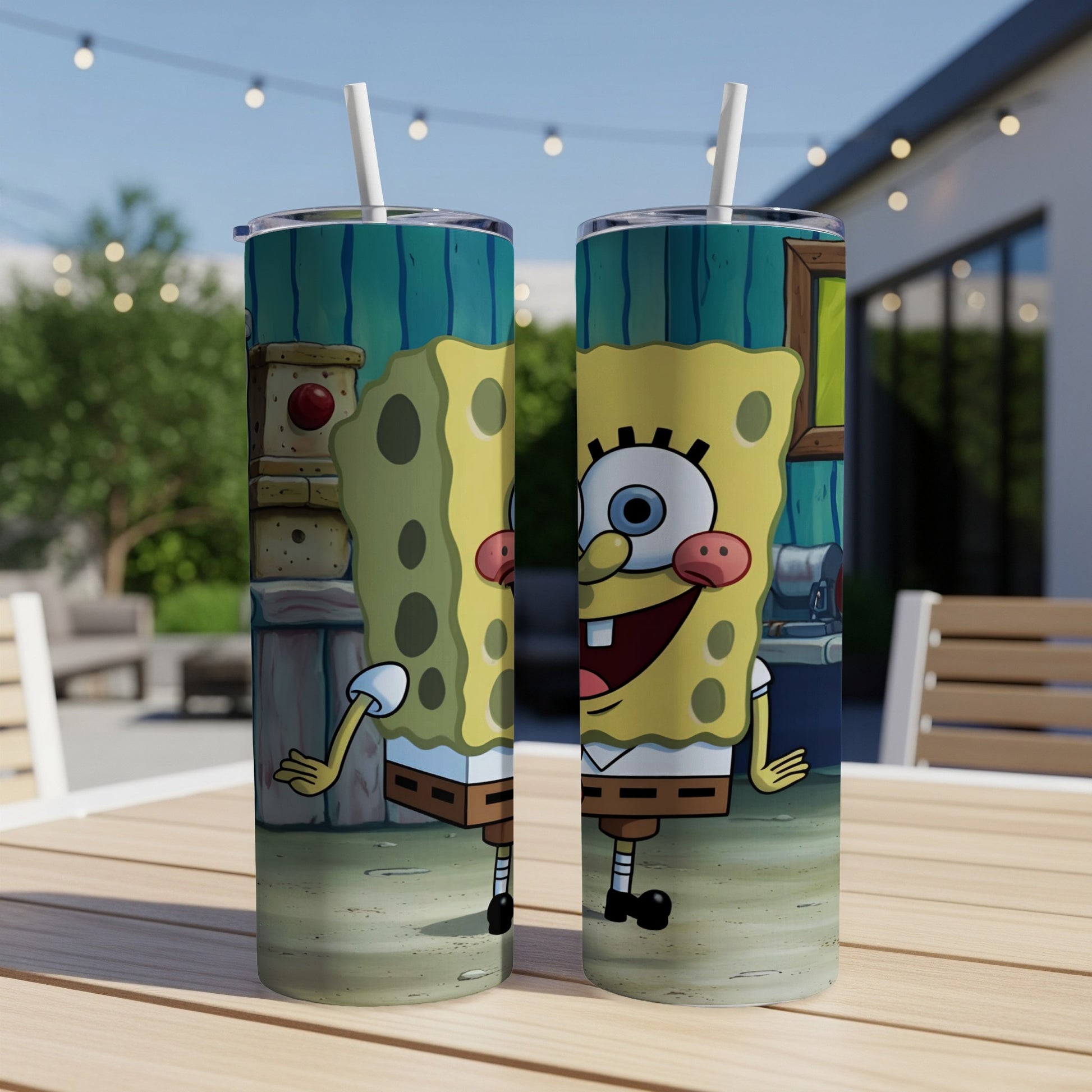 SpongeBob SquarePants character design on two stainless steel tumblers.