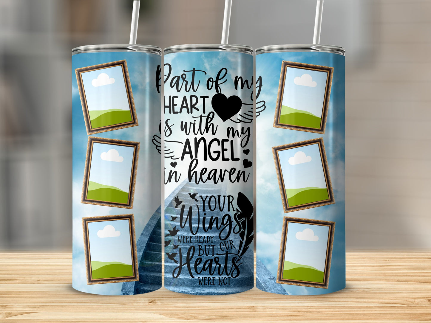Tumbler with a stairway to heaven, framed photos, and memorial text.