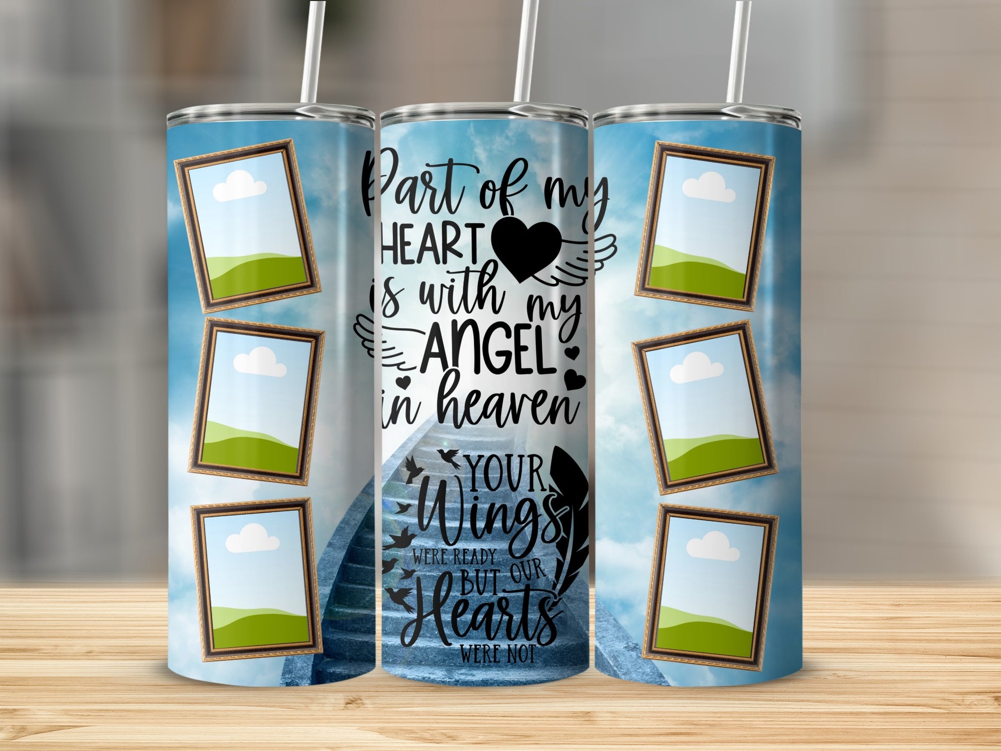 Tumbler with a stairway to heaven, framed photos, and memorial text.