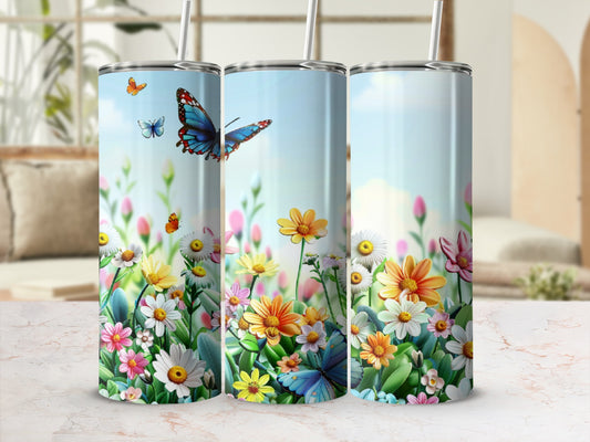 Tumbler with a vibrant floral design featuring butterflies and daisies.