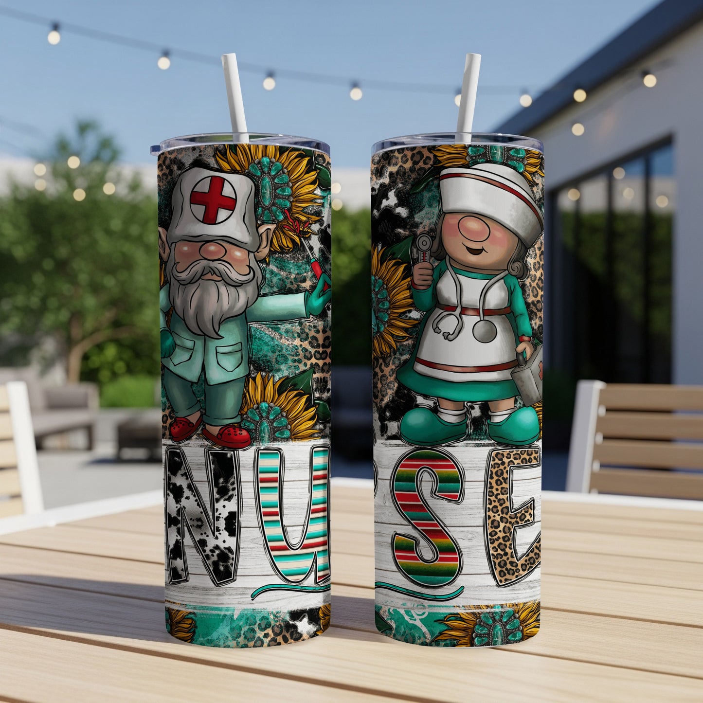 Two nurse gnomes on tumblers with floral and animal print accents.