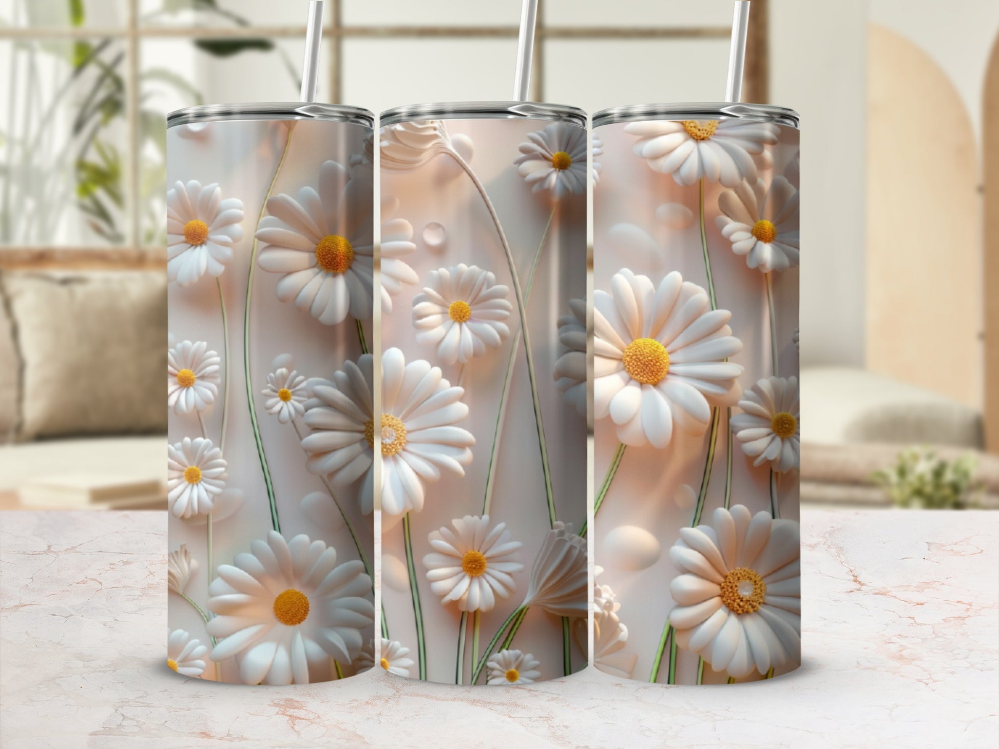 Three tumblers with white daisy floral design and water droplets.