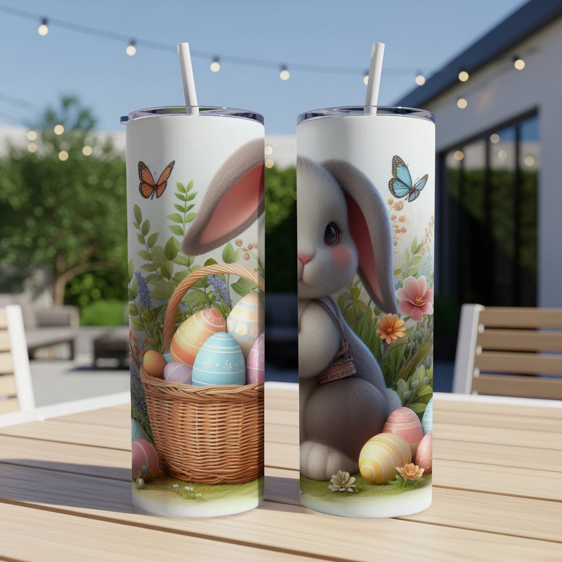Easter bunny with basket of colorful eggs and butterflies, on a tumbler.