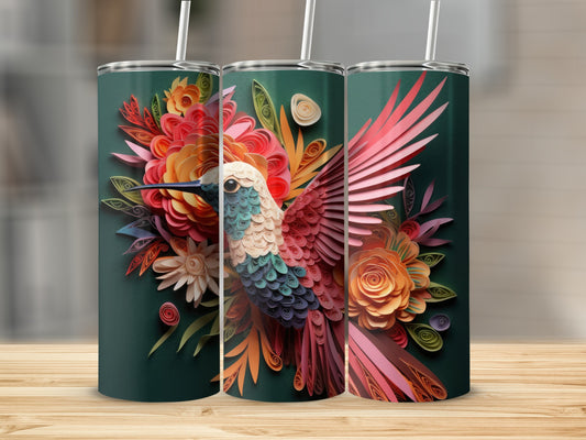 Three tumblers featuring a colorful hummingbird and floral design.