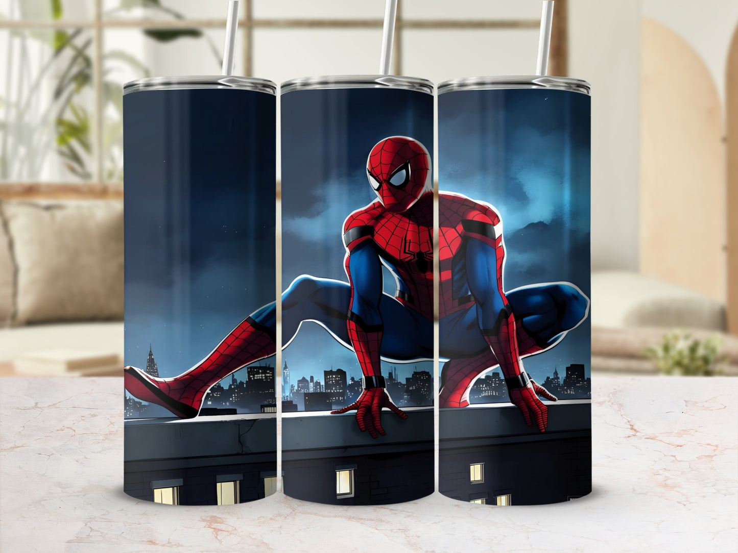 Spiderman in a crouched pose on a rooftop with cityscape behind him.