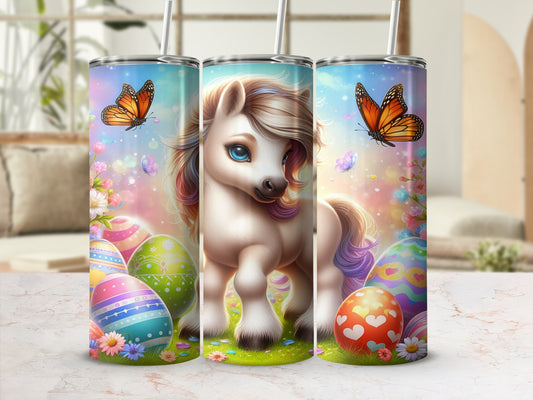 Unicorn with butterflies and painted Easter eggs, on a white background.