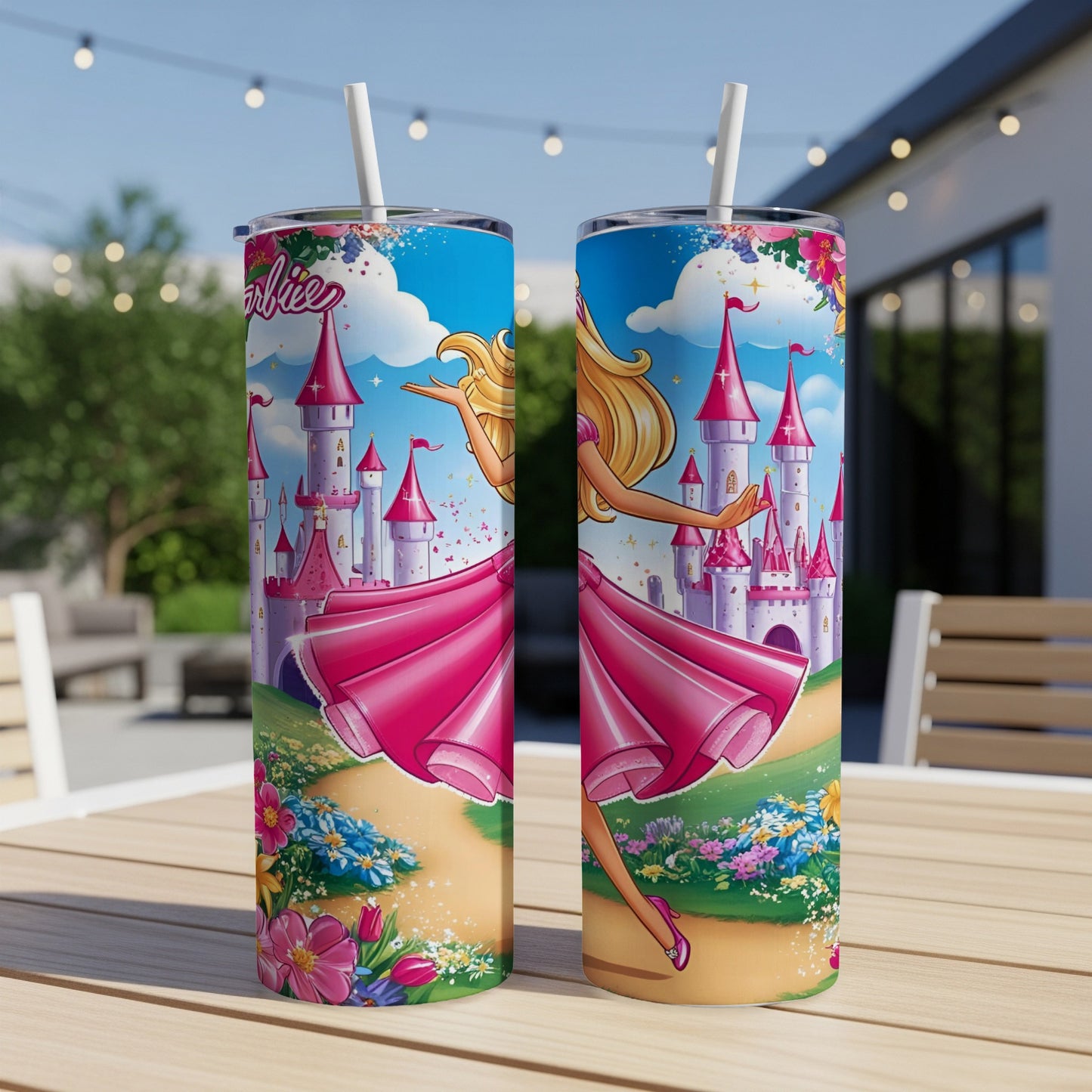 Pink Barbie tumbler with castle and flower design.