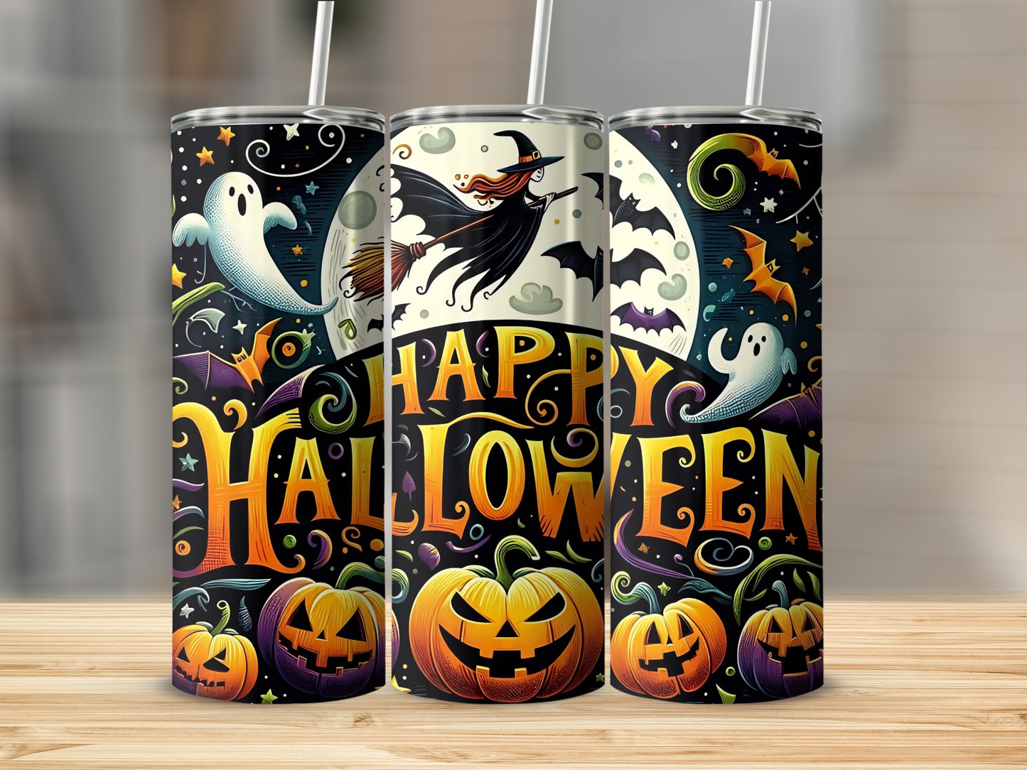 Three tumblers with a "Happy Halloween" design featuring ghosts, pumpkins, bats, and a witch.
