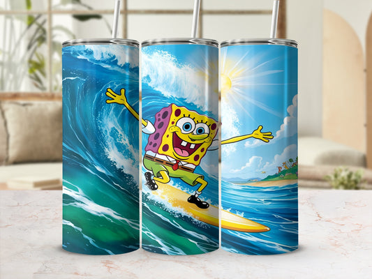 SpongeBob SquarePants surfing a wave on a yellow surfboard under a sunny sky.