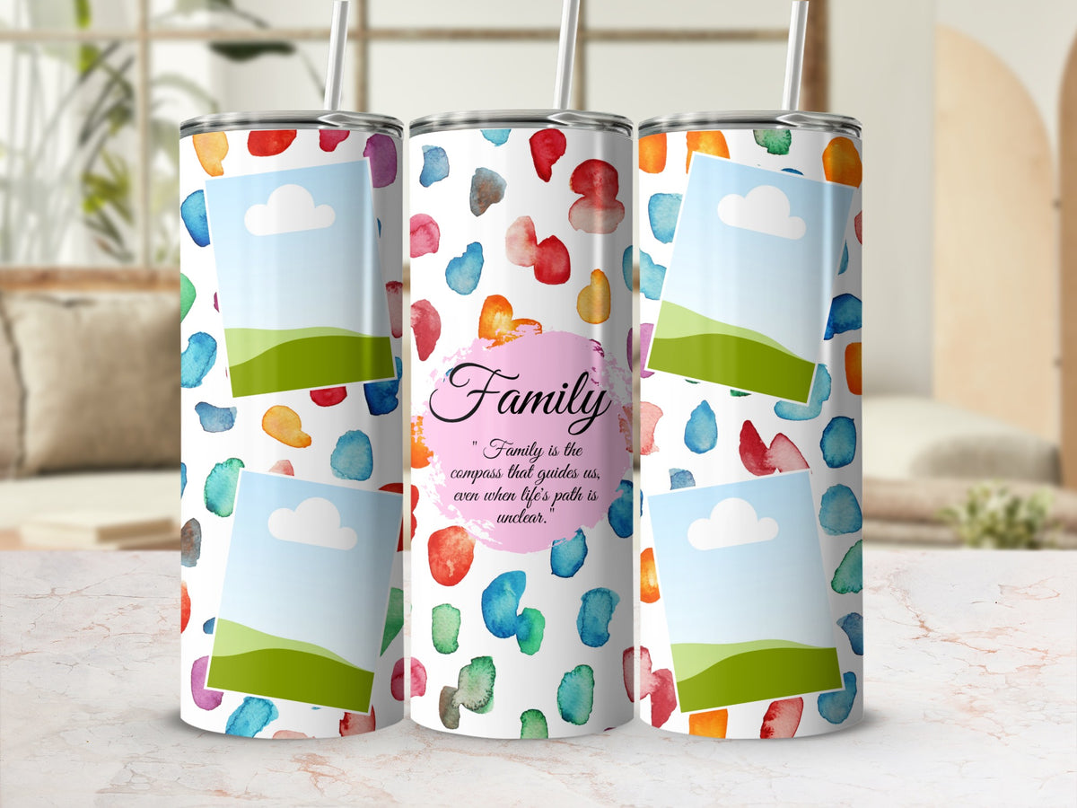 Tumbler with colorful watercolor spots and a "Family" quote.
