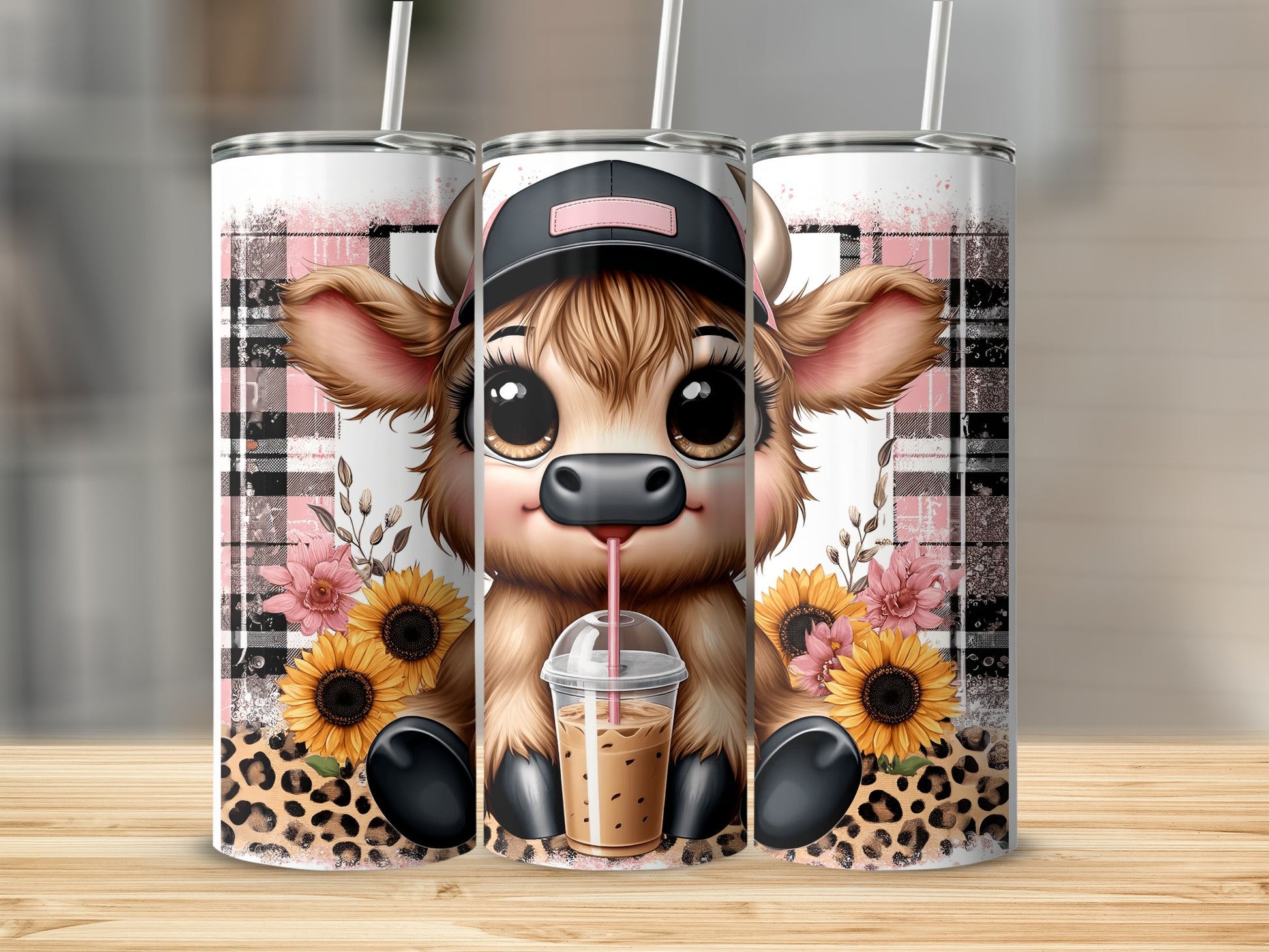 Cute cow with iced coffee wearing a baseball cap and leopard print.