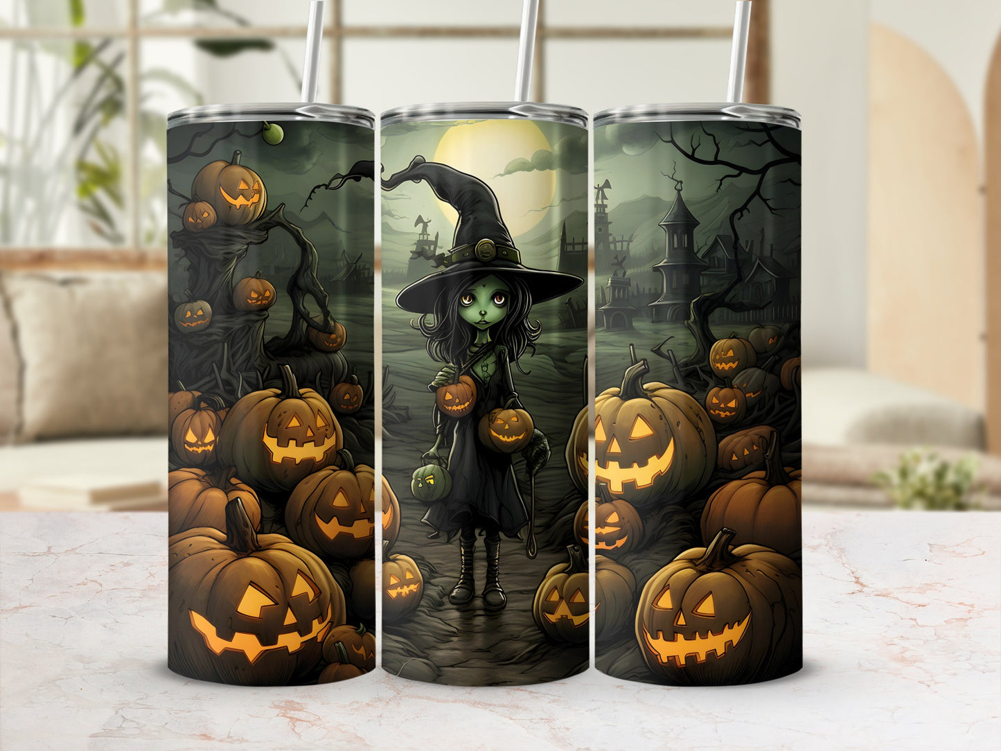 Halloween tumblers with a witch and jack-o'-lanterns on a spooky background.