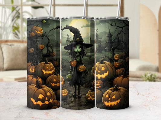 Halloween tumblers with a witch and jack-o'-lanterns on a spooky background.
