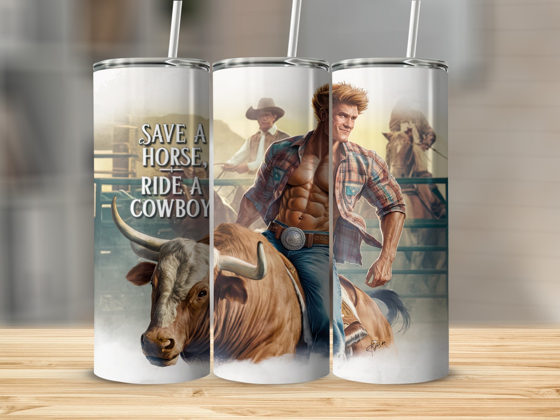 Man riding a bull with text "Save a horse, ride a cowboy."