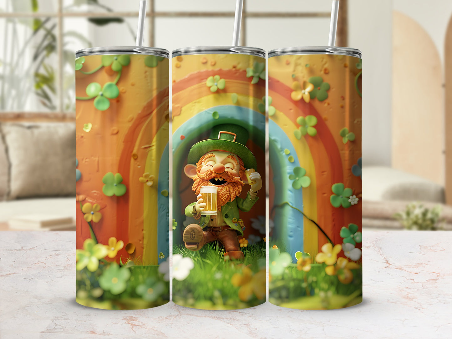 Leprechaun with beer mug on rainbow background with shamrocks.