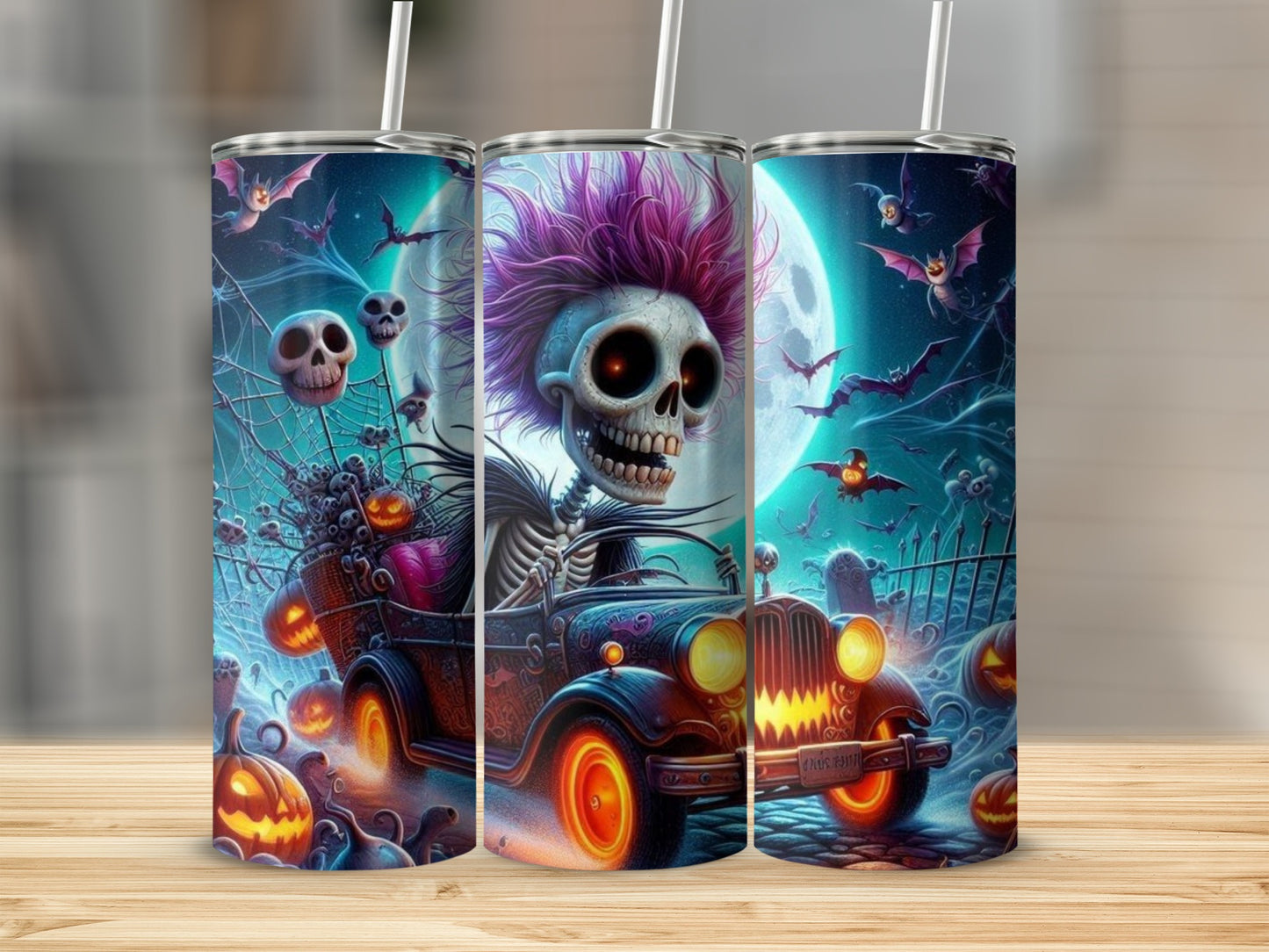 Skeleton driving a vintage car with pumpkins, bats, and a full moon.