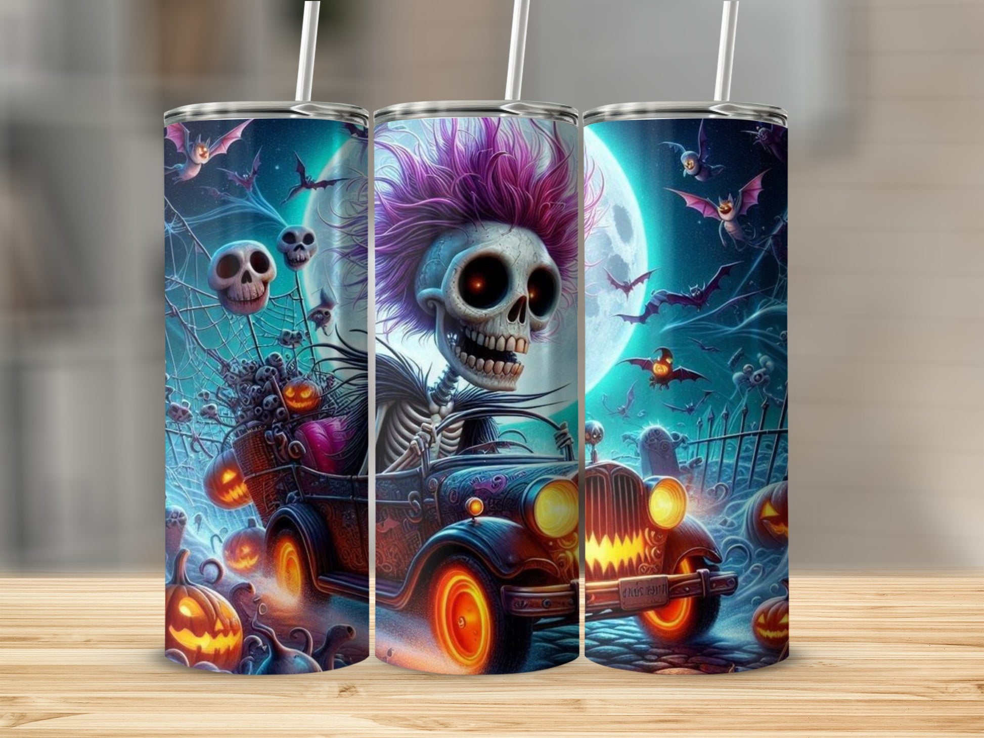 Skeleton driving a vintage car with pumpkins, bats, and a full moon.