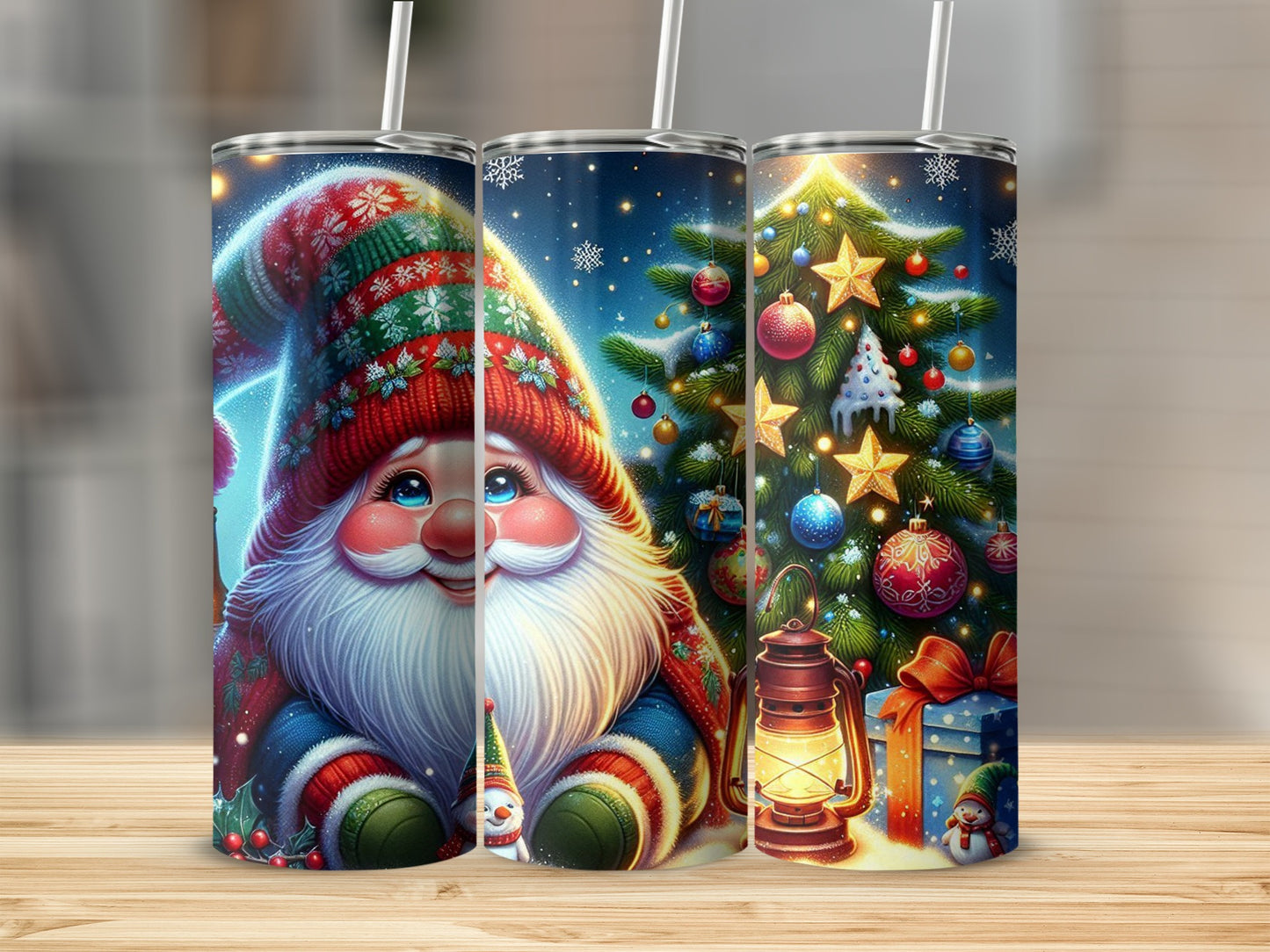 Christmas gnome and decorated tree on three skinny tumblers.