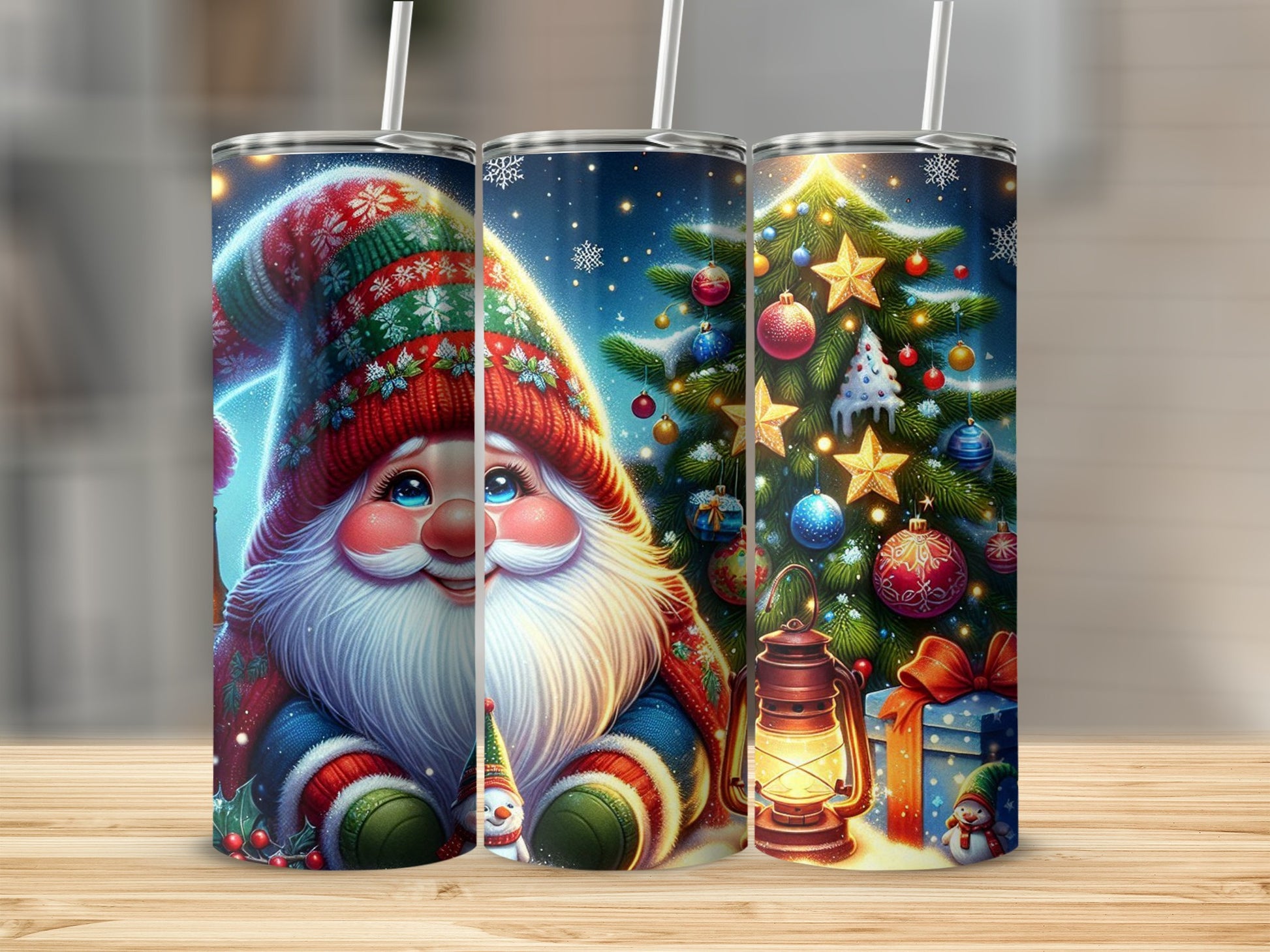 Christmas gnome and decorated tree on three skinny tumblers.