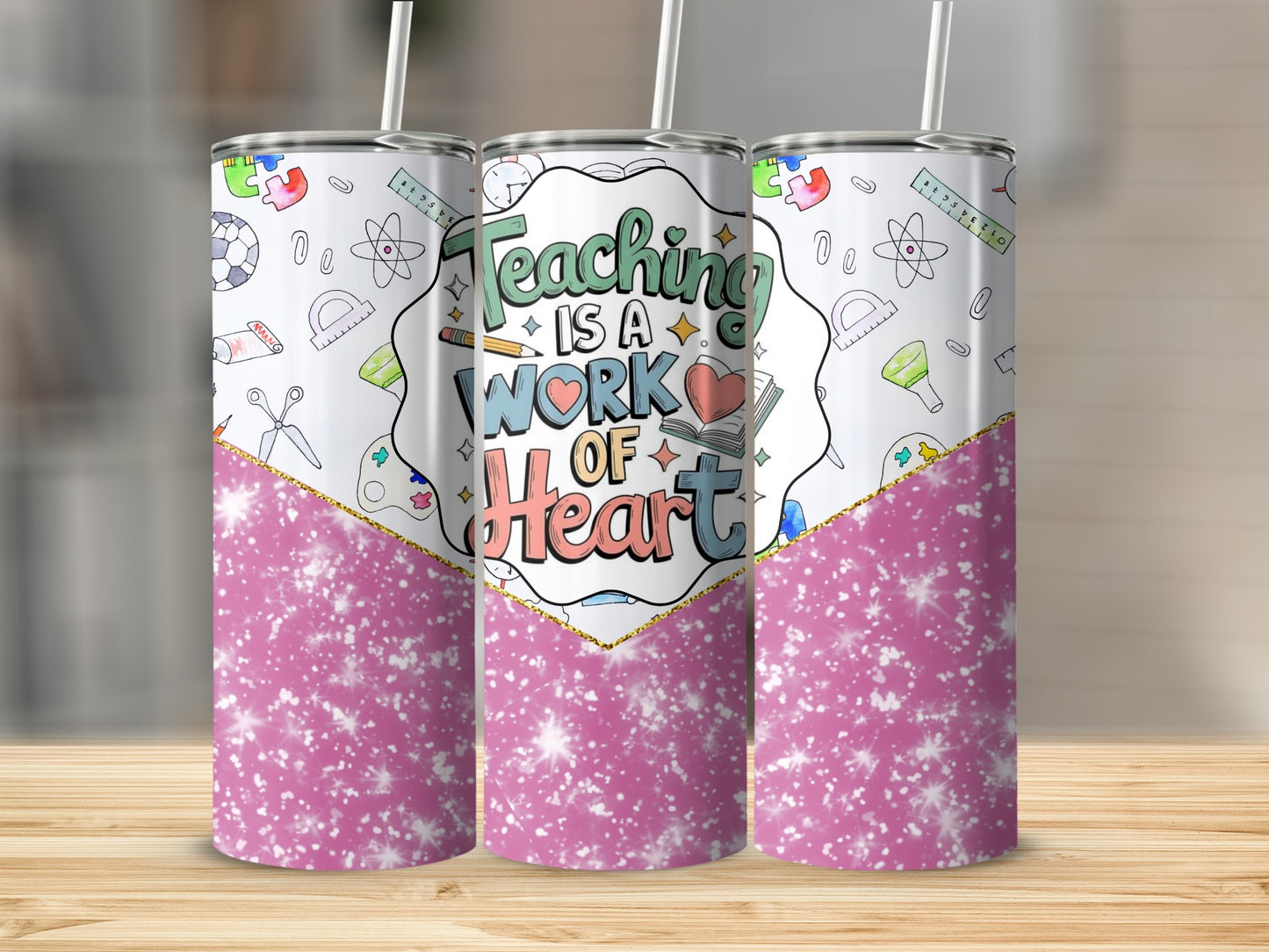 Teaching Is A Work Of Heart Pink Glitter Tumbler