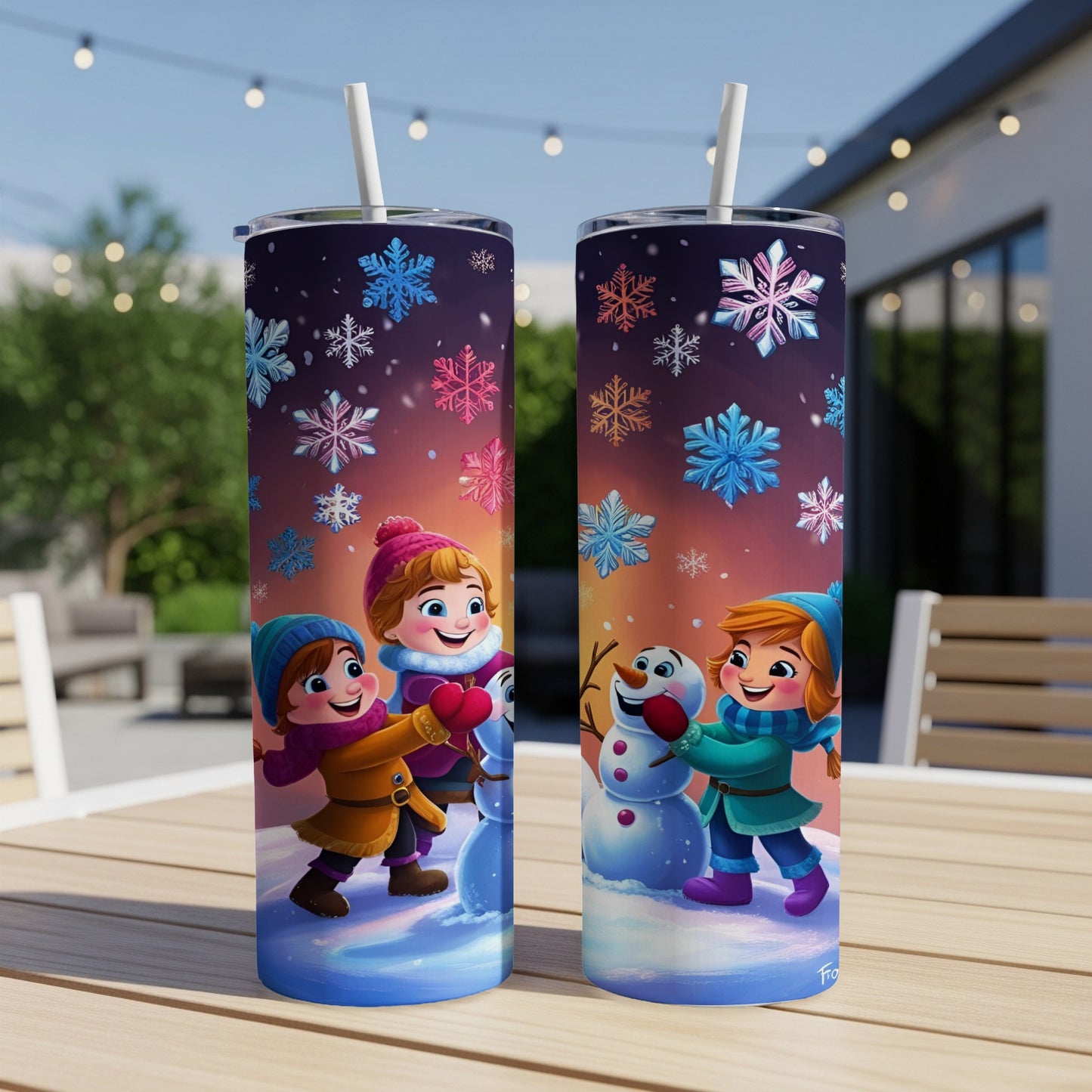 Two cartoon children in winter clothes building a snowman, surrounded by snowflakes.