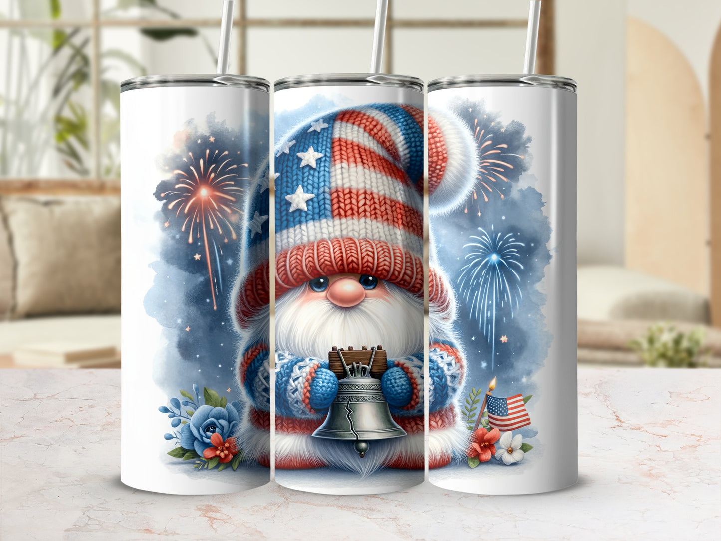 Gnome with American flag hat holding bell, surrounded by fireworks and flowers.