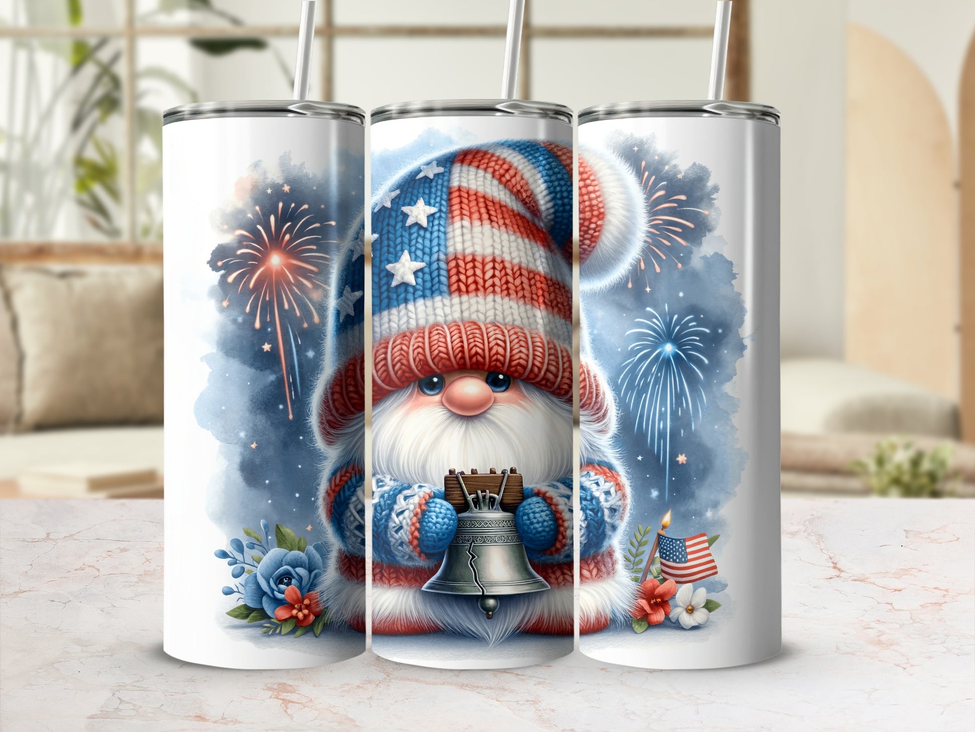 Gnome with American flag hat holding bell, surrounded by fireworks and flowers.