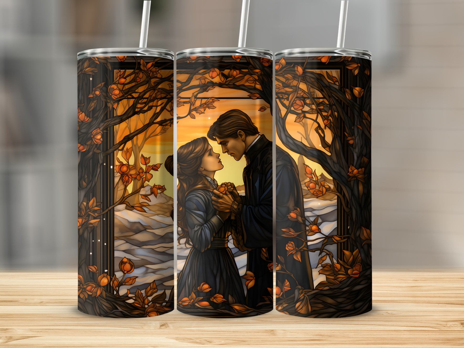 Couple embracing under autumn trees, stained glass style.