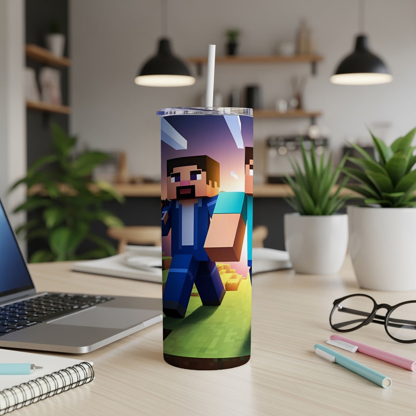 Minecraft characters on a tumbler with a laptop and office supplies.