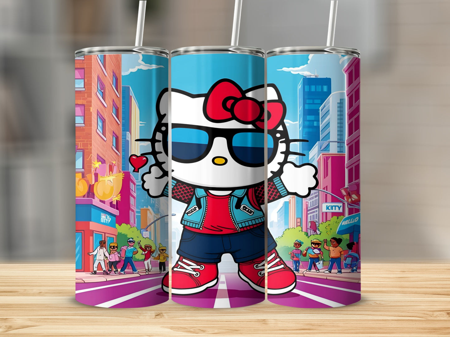 Hello Kitty wearing sunglasses and red sneakers in a colorful city street.