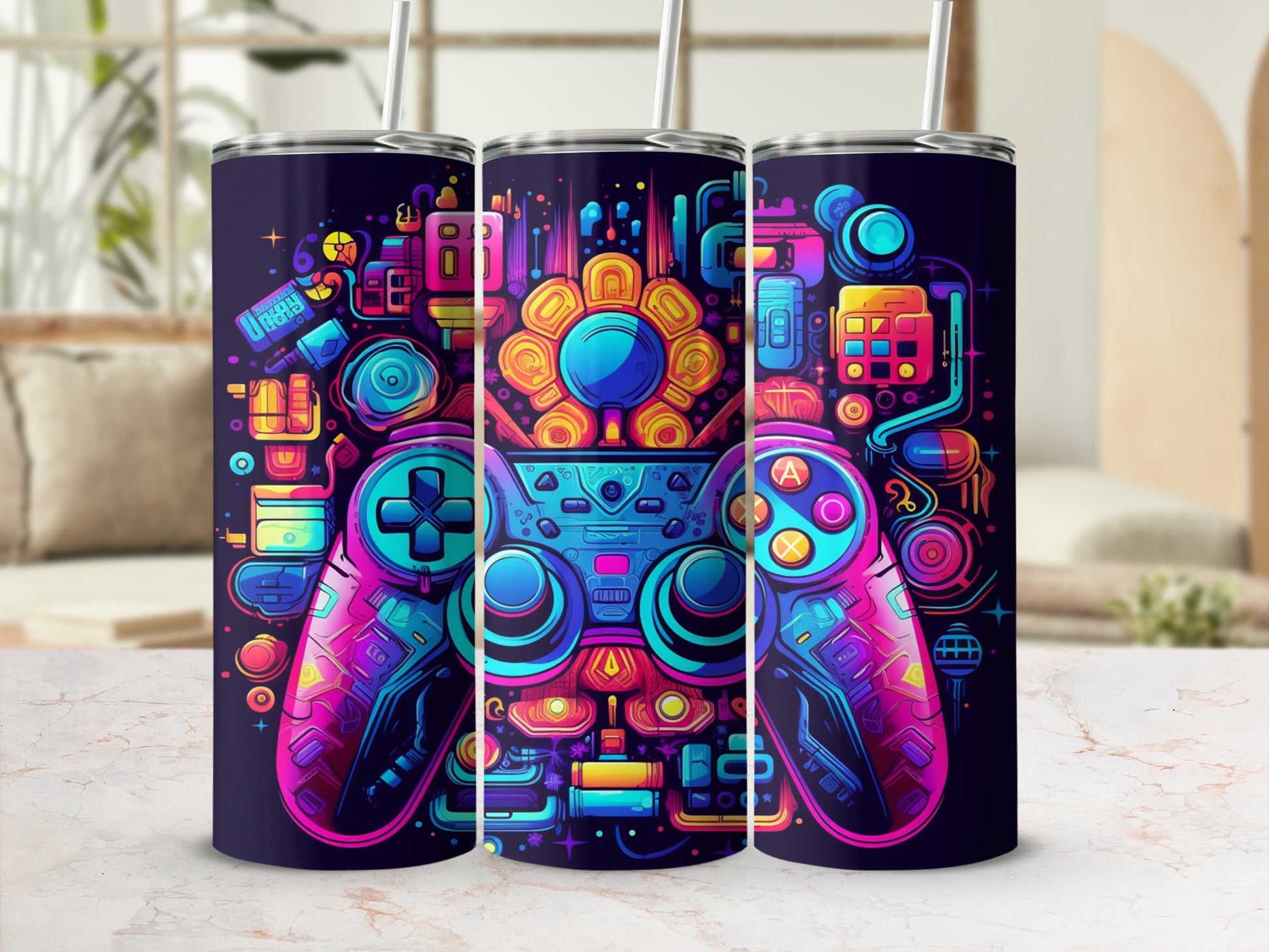 Triptych of tumblers featuring a colorful, abstract video game controller design.